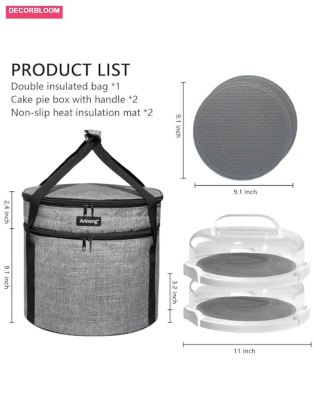 2 Pack Pie Containers with Lids, Handles, Insulated Bags, Non-Slip Heating Pads
